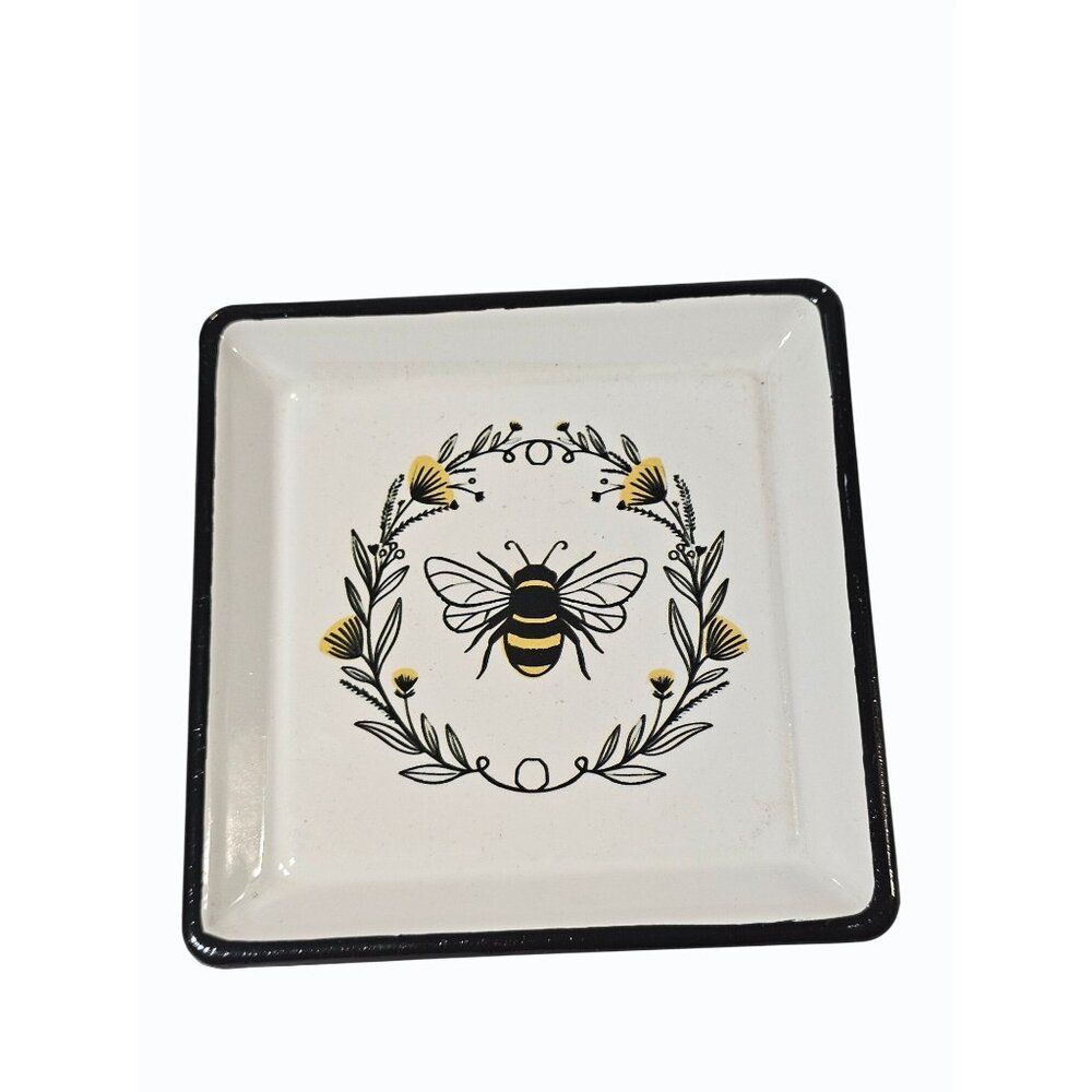 Set of 4 Decorative Metal Square Coaster Set Trinket Ring Dish Bee Hive Floral - Picture 6 of 8